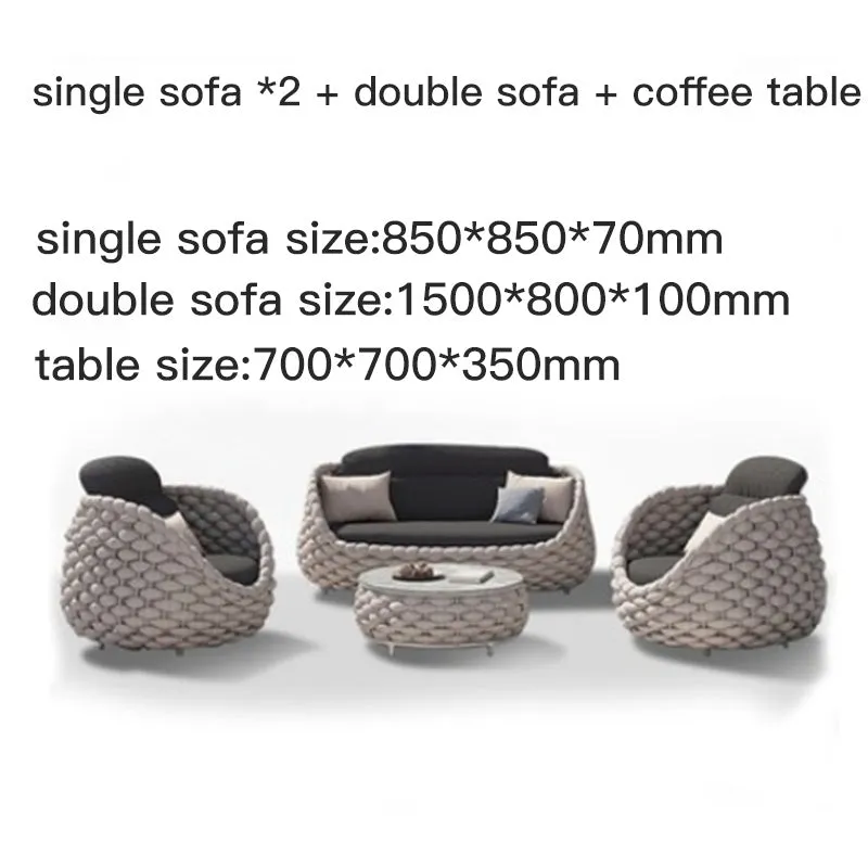 Outdoor patio lounge sofa coffee table set with PE rattan finish, alloy frame, and high-density sponge cushions