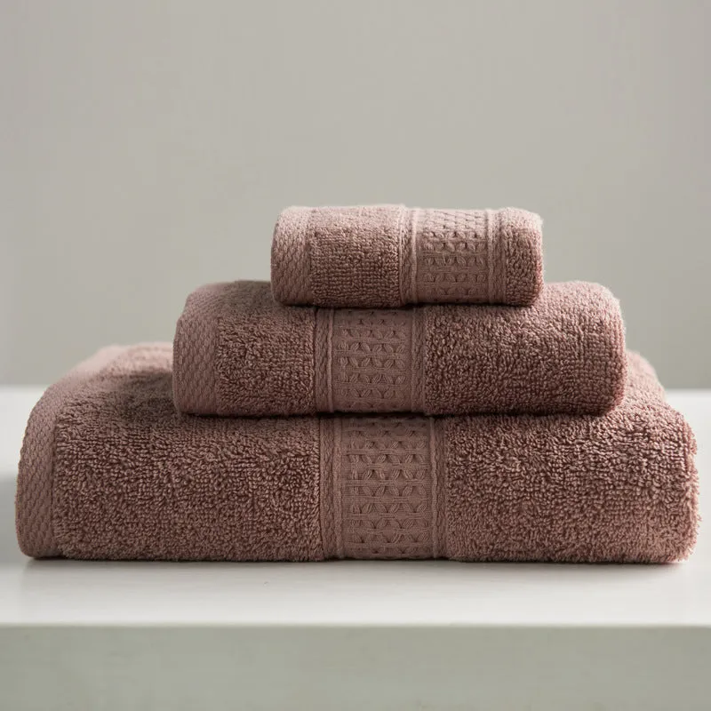 3-piece pure cotton towel set with square, hand, and bath towel in assorted colours
