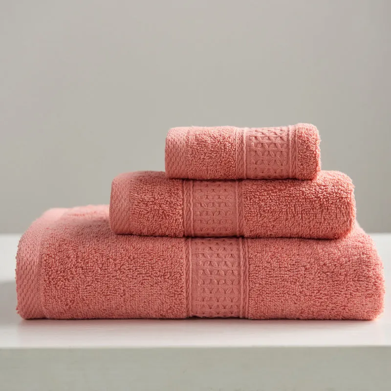 3-piece pure cotton towel set with square, hand, and bath towel in assorted colours