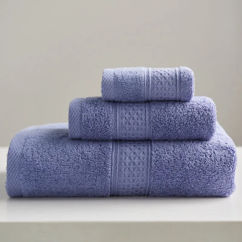 3-piece pure cotton towel set with square, hand, and bath towel in assorted colours