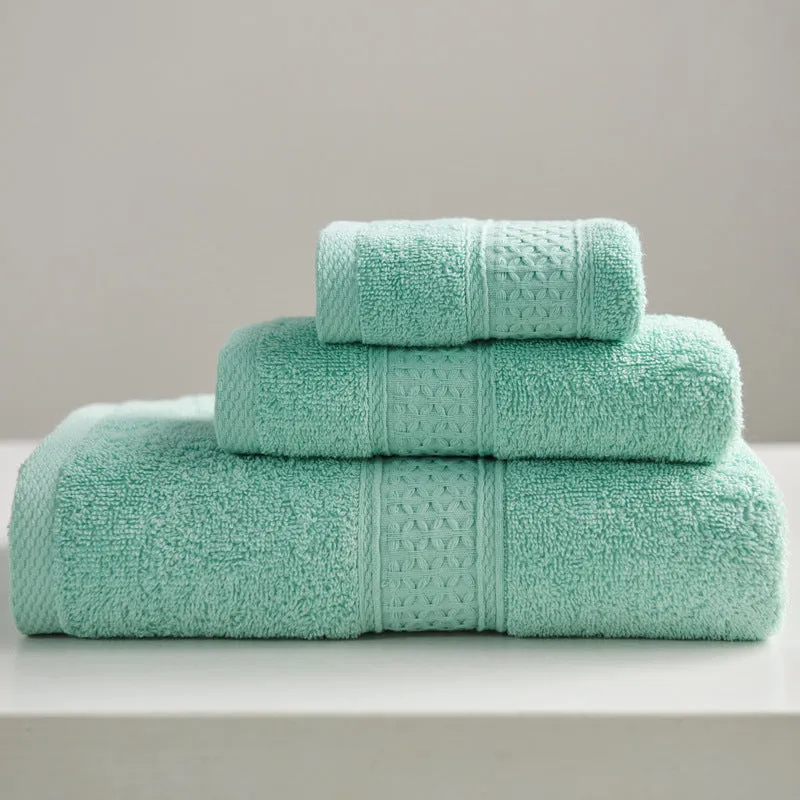 3-piece pure cotton towel set with square, hand, and bath towel in assorted colours
