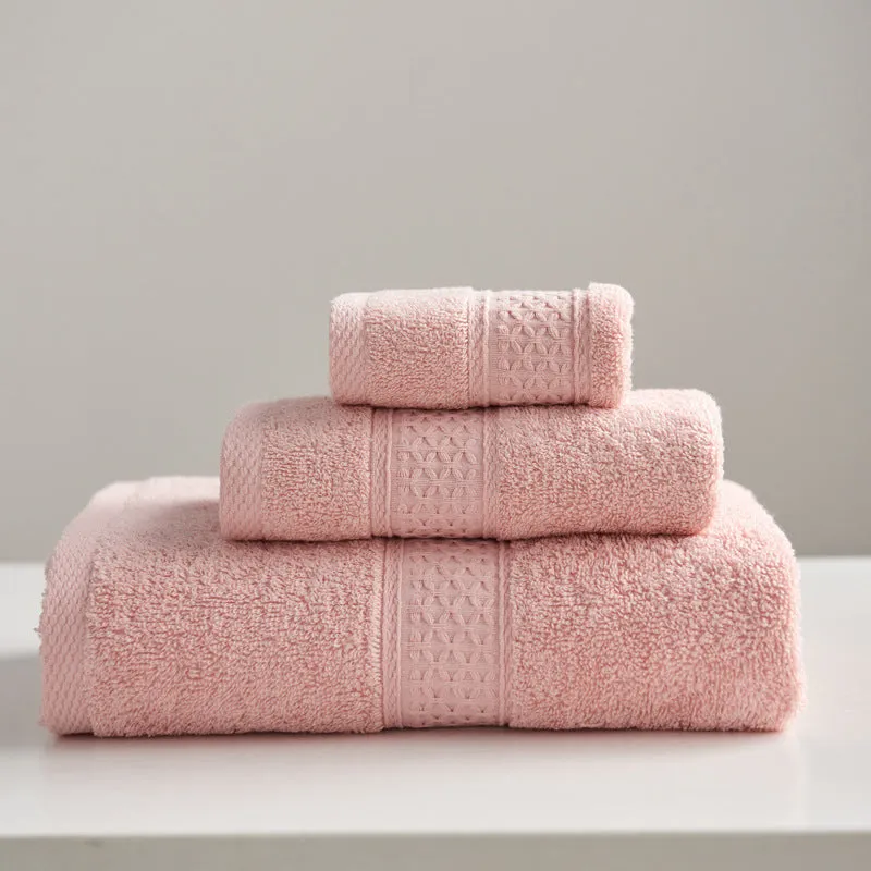 3-piece pure cotton towel set with square, hand, and bath towel in assorted colours