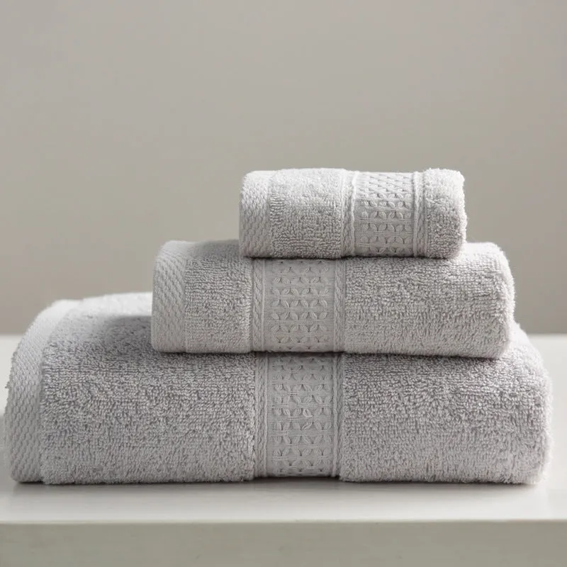 3-piece pure cotton towel set with square, hand, and bath towel in assorted colours