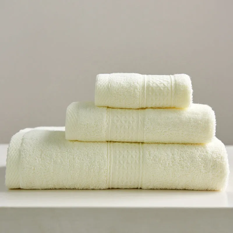 3-piece pure cotton towel set with square, hand, and bath towel in assorted colours