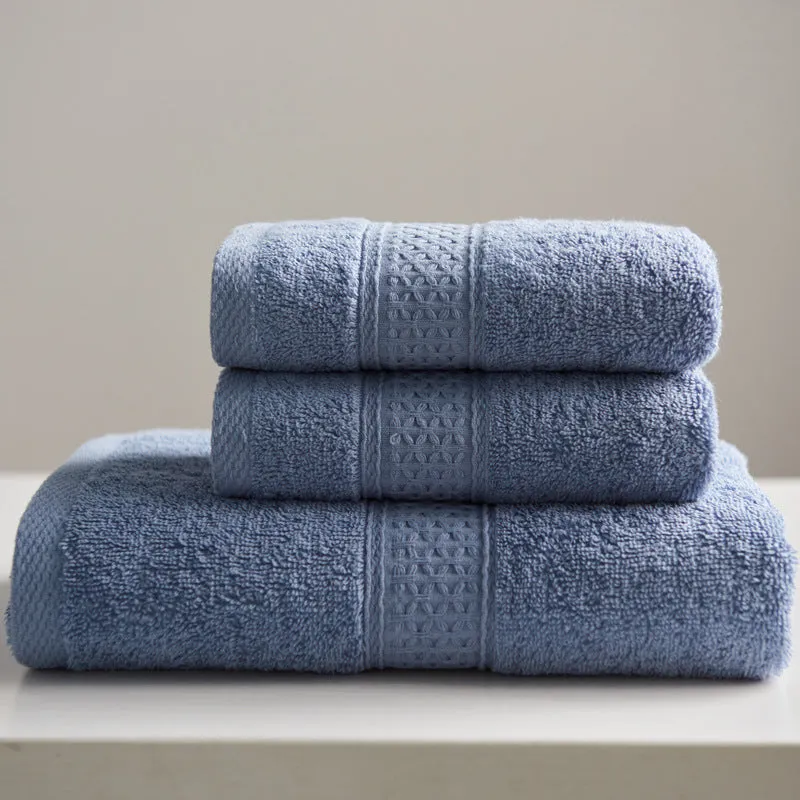 3-piece pure cotton towel set with square, hand, and bath towel in assorted colours