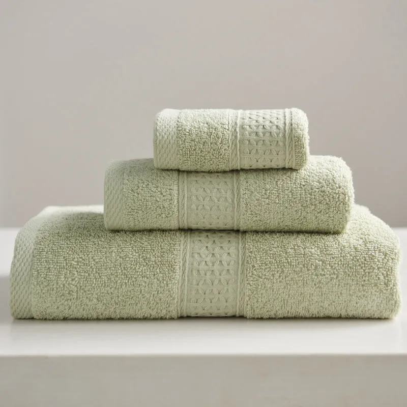 3-piece pure cotton towel set with square, hand, and bath towel in assorted colours