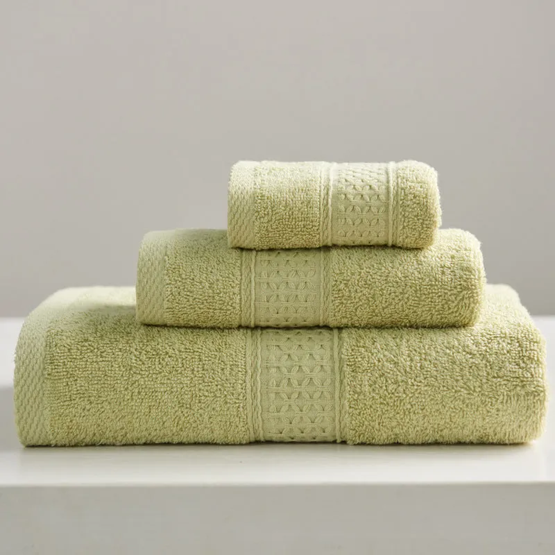 3-piece pure cotton towel set with square, hand, and bath towel in assorted colours