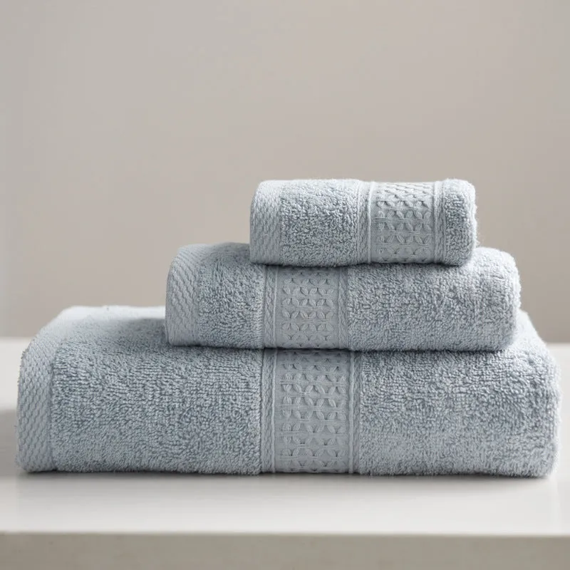 3-piece pure cotton towel set with square, hand, and bath towel in assorted colours