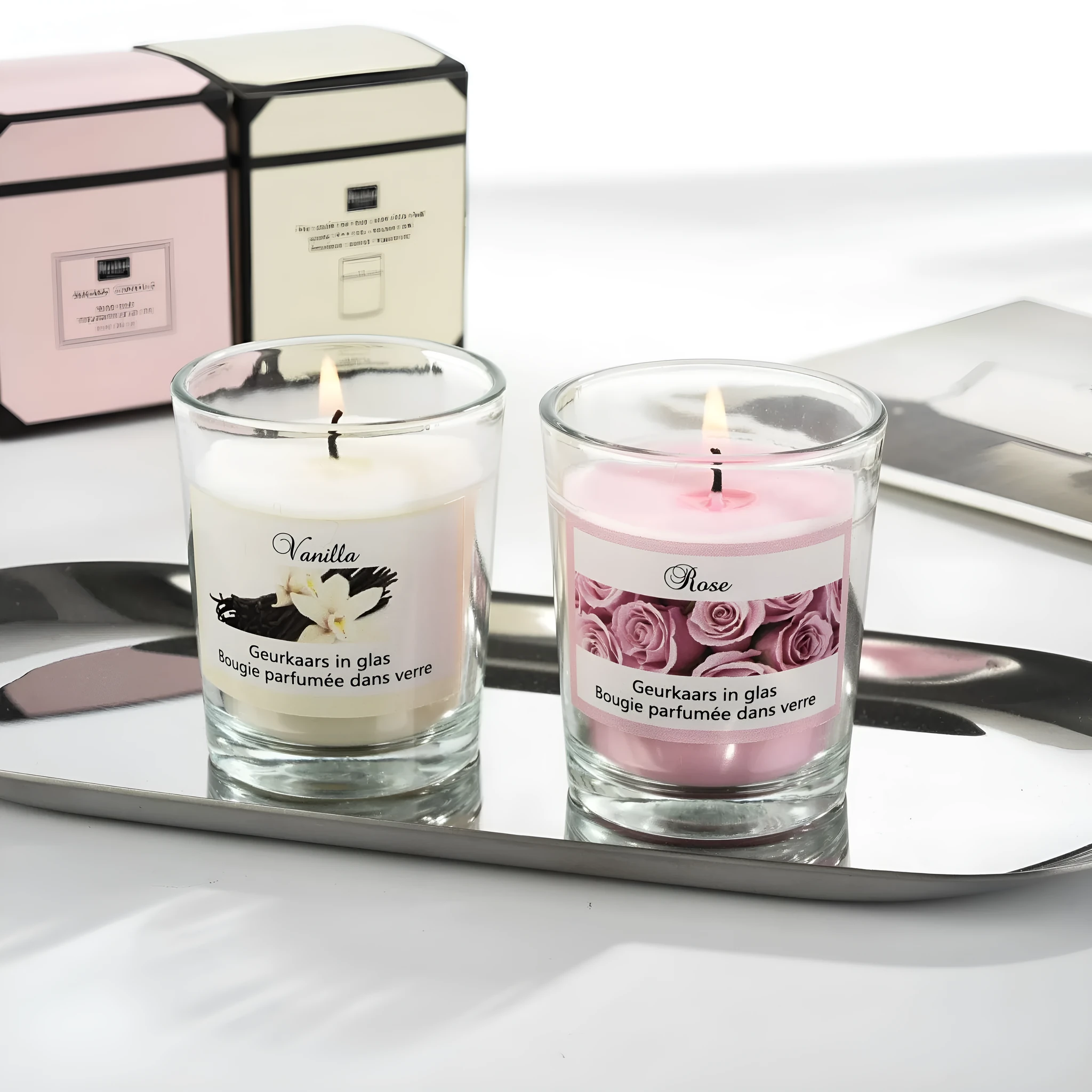 Handmade plant wax soy candle in transparent glass cup 5x6cm boxed pink