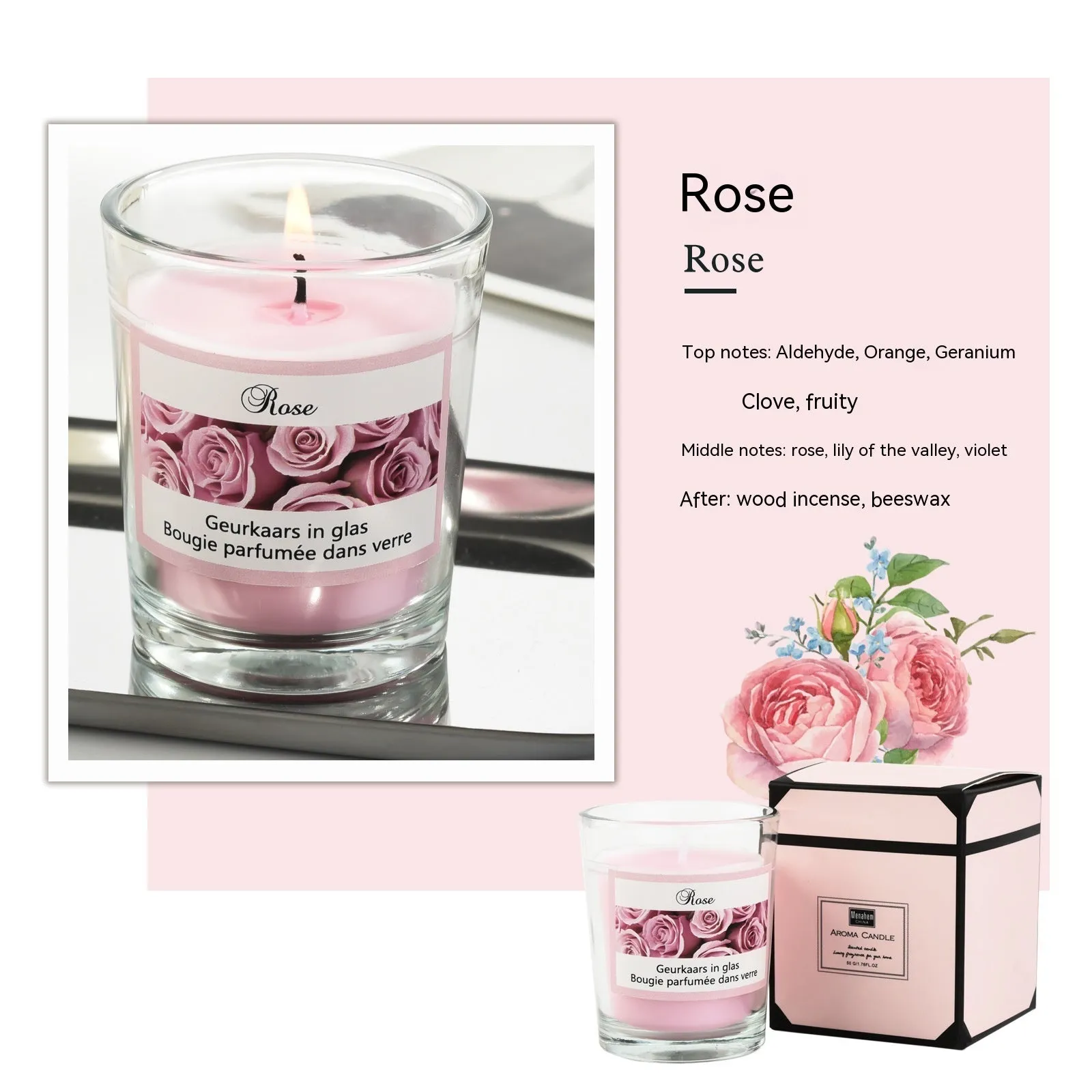 Handmade plant wax soy candle in transparent glass cup 5x6cm boxed pink