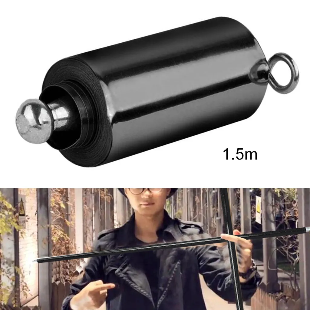 Metal telescopic magic wand in silver finish extended to full length on a dark background
