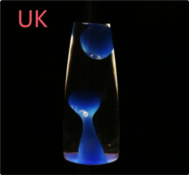Blue lava lamp with metal base and glass bottle showing wax rising in heated liquid