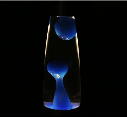 Blue lava lamp with metal base and glass bottle showing wax rising in heated liquid