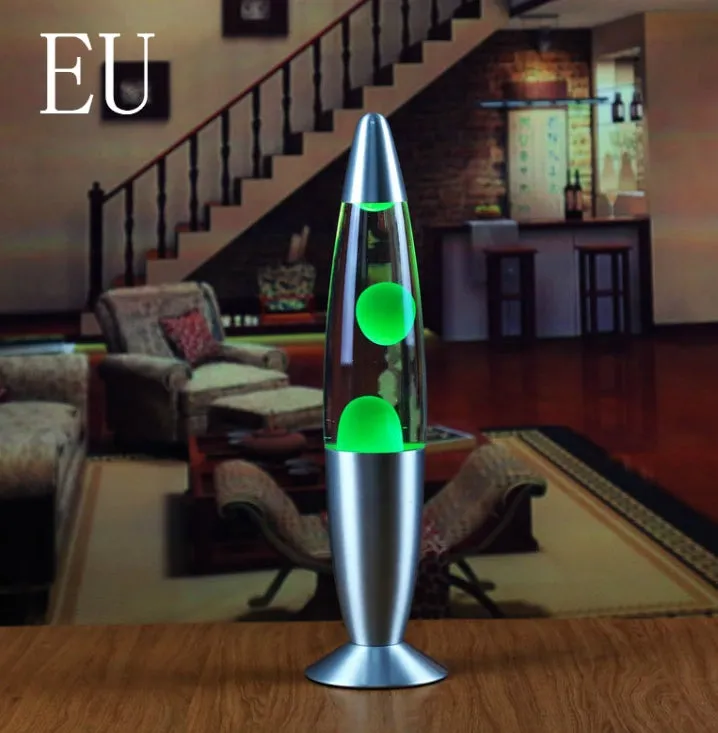 Blue lava lamp with metal base and glass bottle showing wax rising in heated liquid