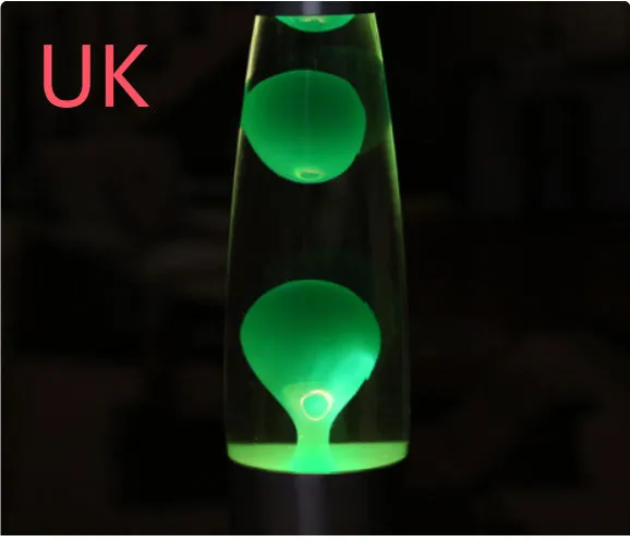 Blue lava lamp with metal base and glass bottle showing wax rising in heated liquid