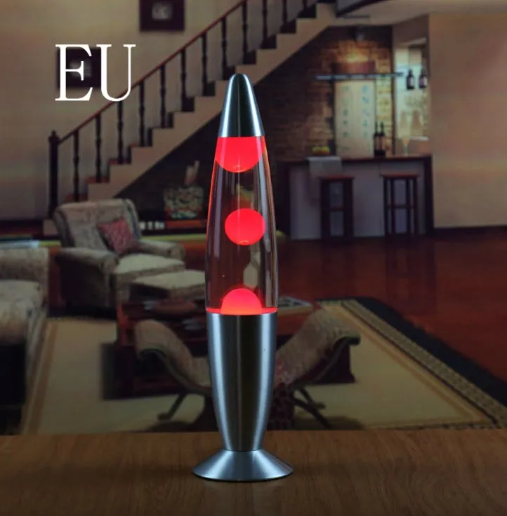 Blue lava lamp with metal base and glass bottle showing wax rising in heated liquid