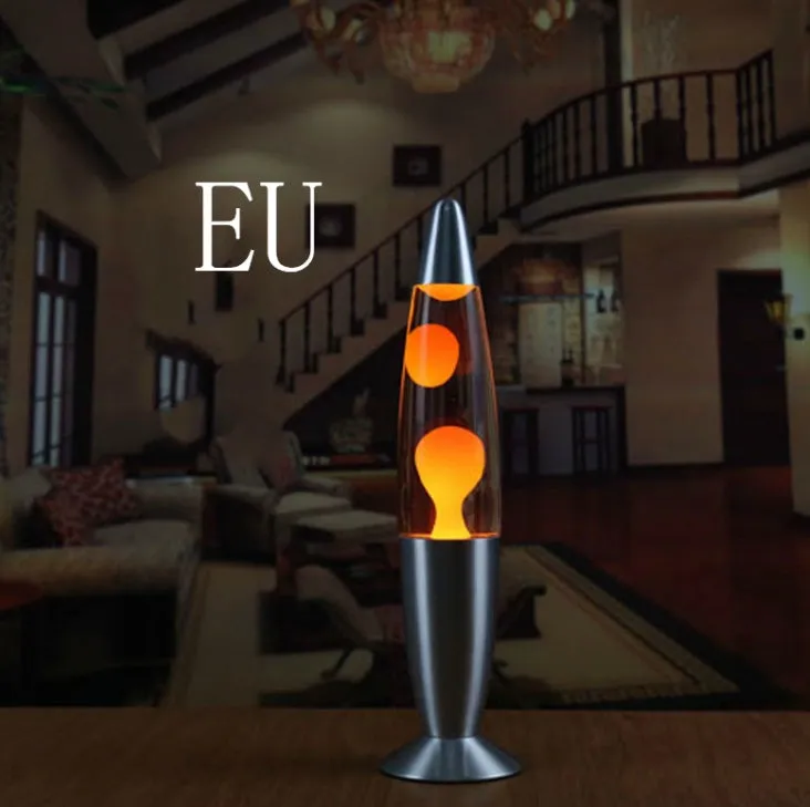 Blue lava lamp with metal base and glass bottle showing wax rising in heated liquid
