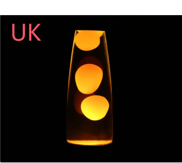 Blue lava lamp with metal base and glass bottle showing wax rising in heated liquid