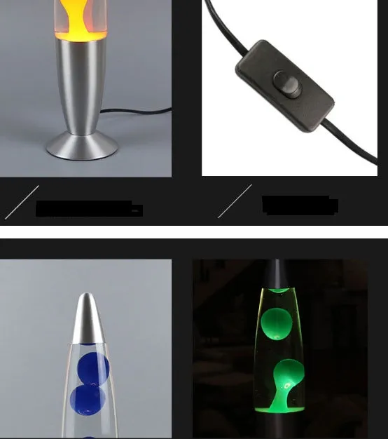 Blue lava lamp with metal base and glass bottle showing wax rising in heated liquid