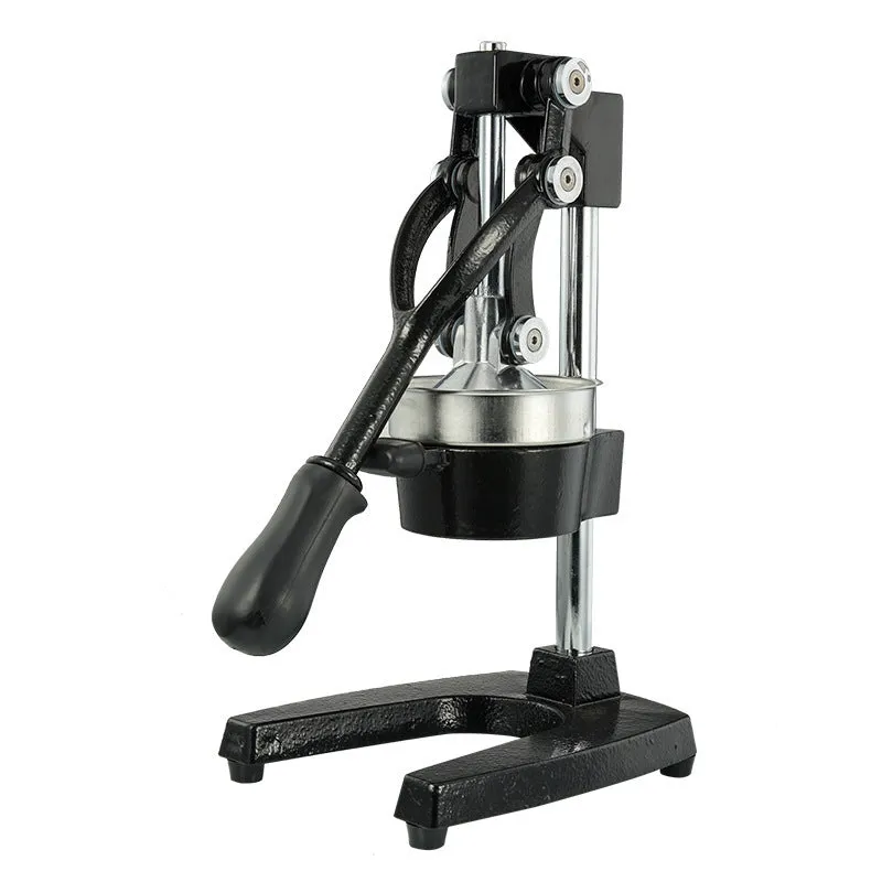 Black and white manual cast iron citrus juicer with stainless steel funnel, 40cm tall.