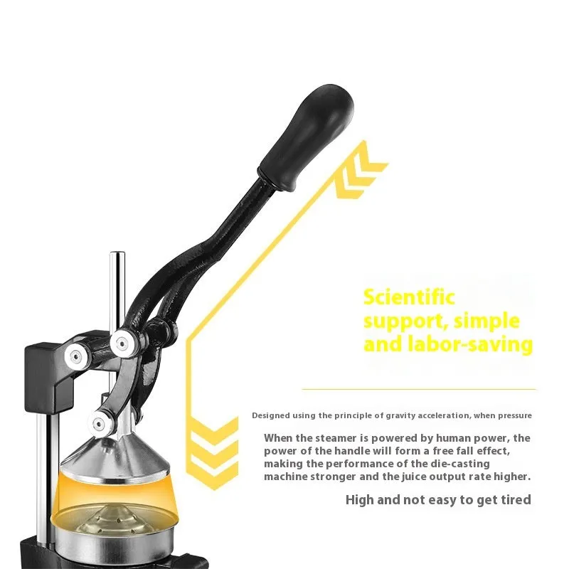 Black and white manual cast iron citrus juicer with stainless steel funnel, 40cm tall.
