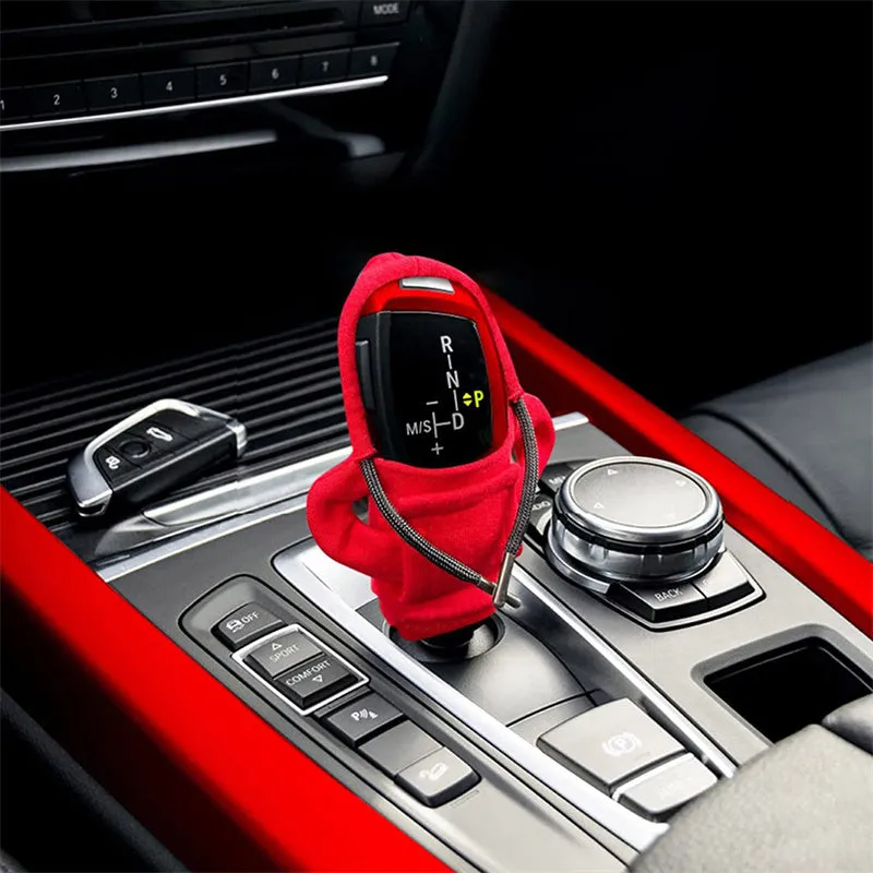 Universal pure cotton gear knob cover in hoodie style with adjustable cord in black colour