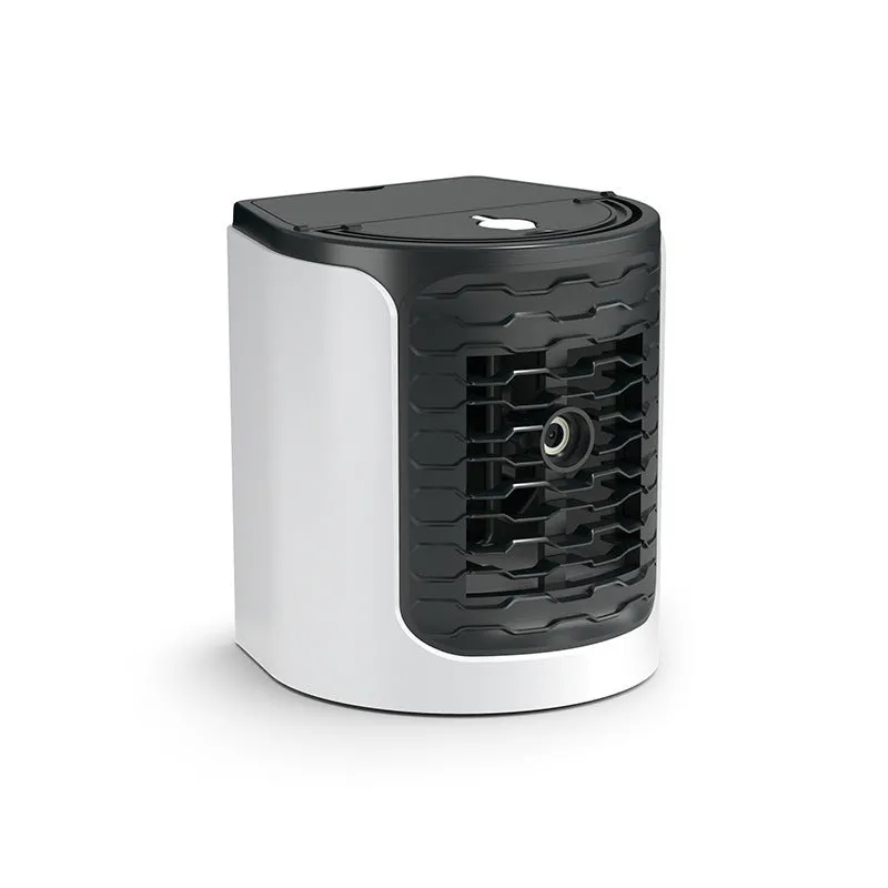 White USB desktop air conditioning fan with 150ml water tank, compact size 16 x 15.5 x 17.3 cm