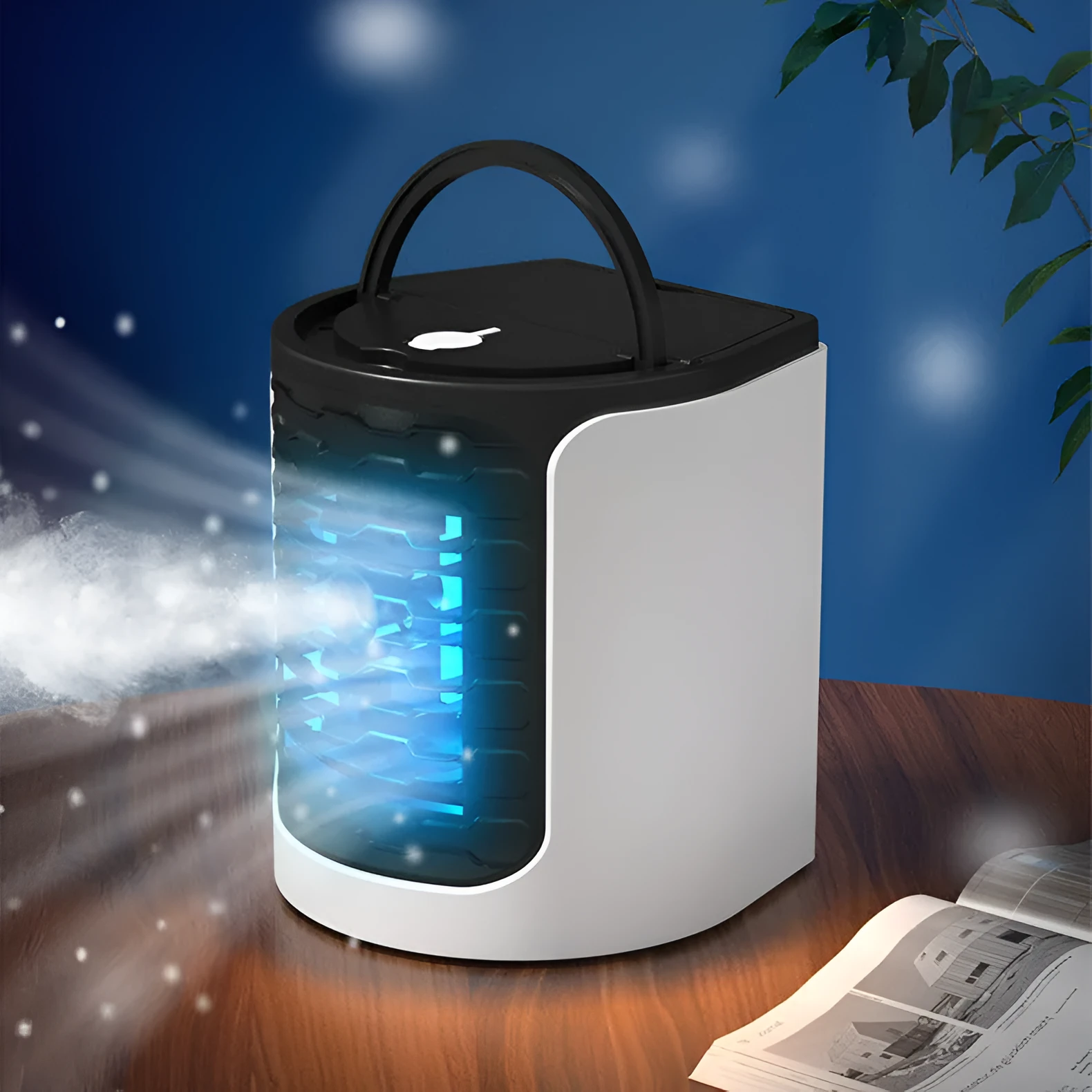 White USB desktop air conditioning fan with 150ml water tank, compact size 16 x 15.5 x 17.3 cm