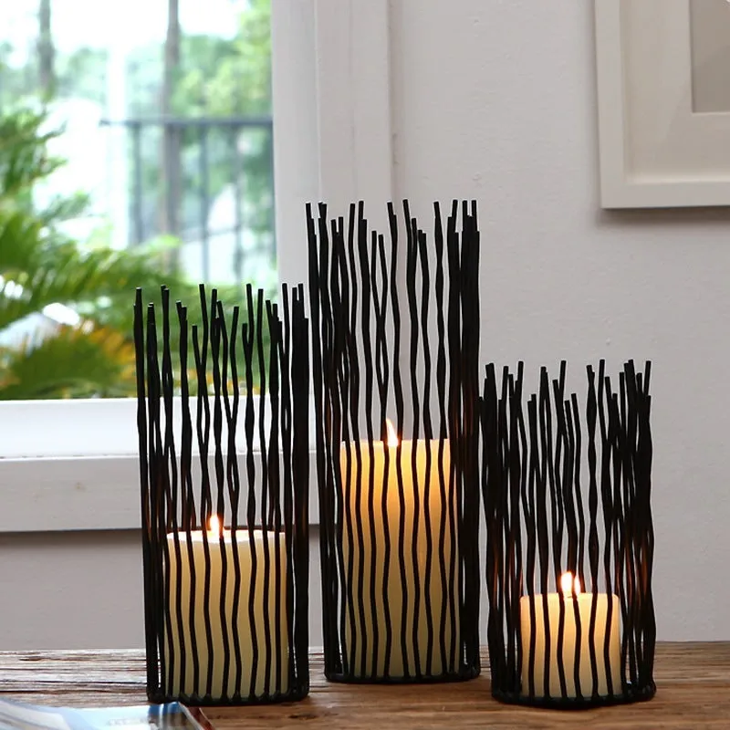 Black wrought iron geometric candle holder handmade with manual craft, available in multiple sizes
