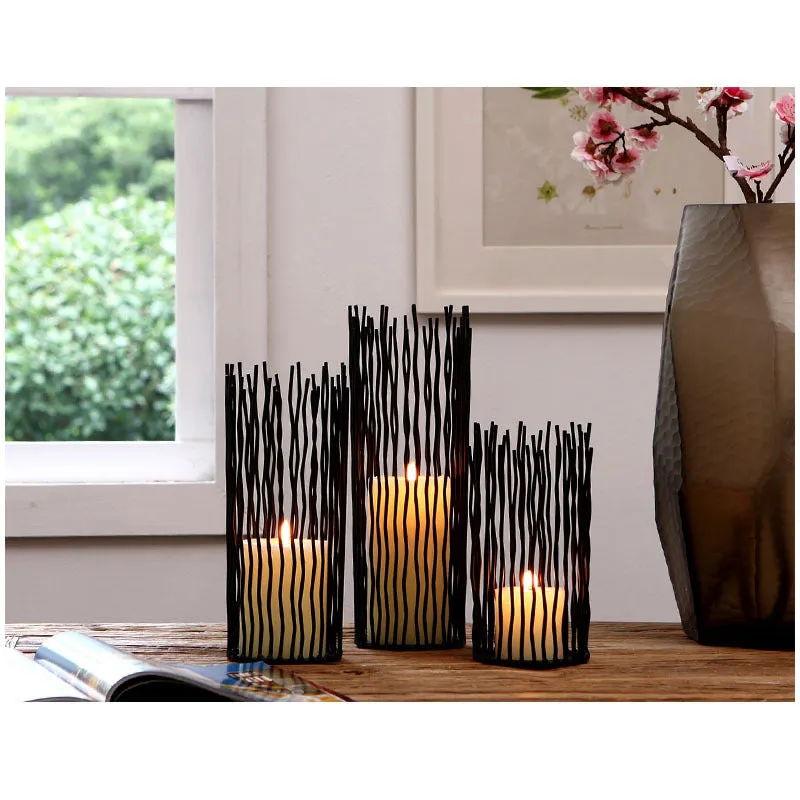 Black wrought iron geometric candle holder handmade with manual craft, available in multiple sizes