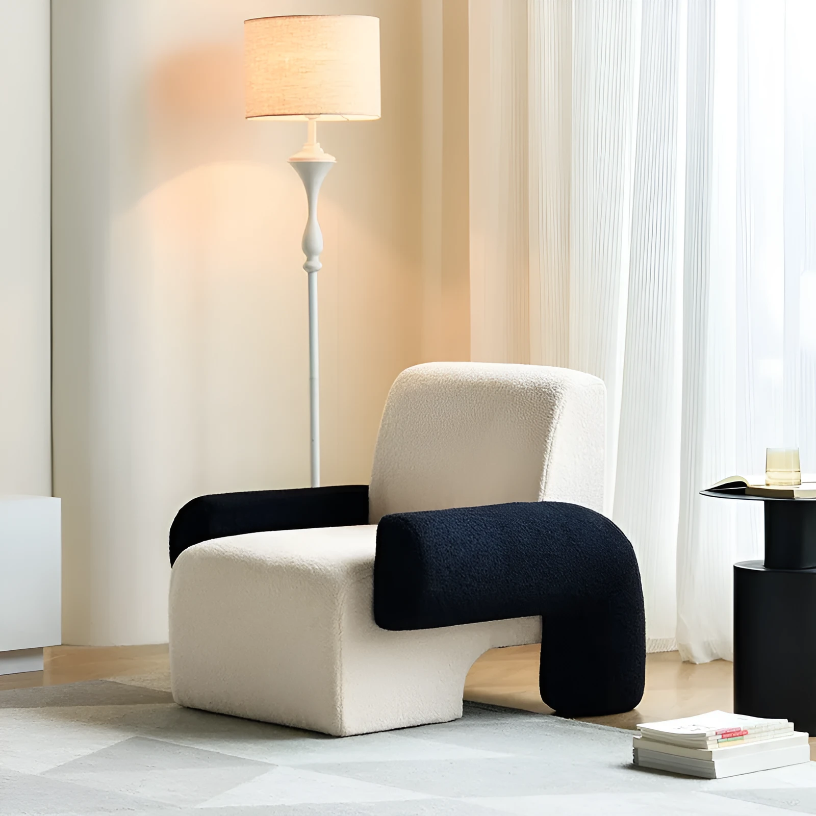 Nordic single sofa chair with black and off-white teddy fabric upholstery, solid wood frame, dimensions 90x87x75cm