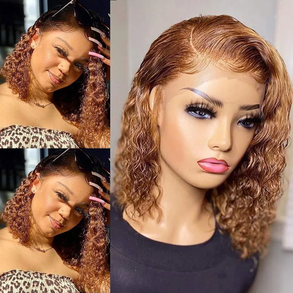 Short curly honey blonde bob wig lace front for women light brown