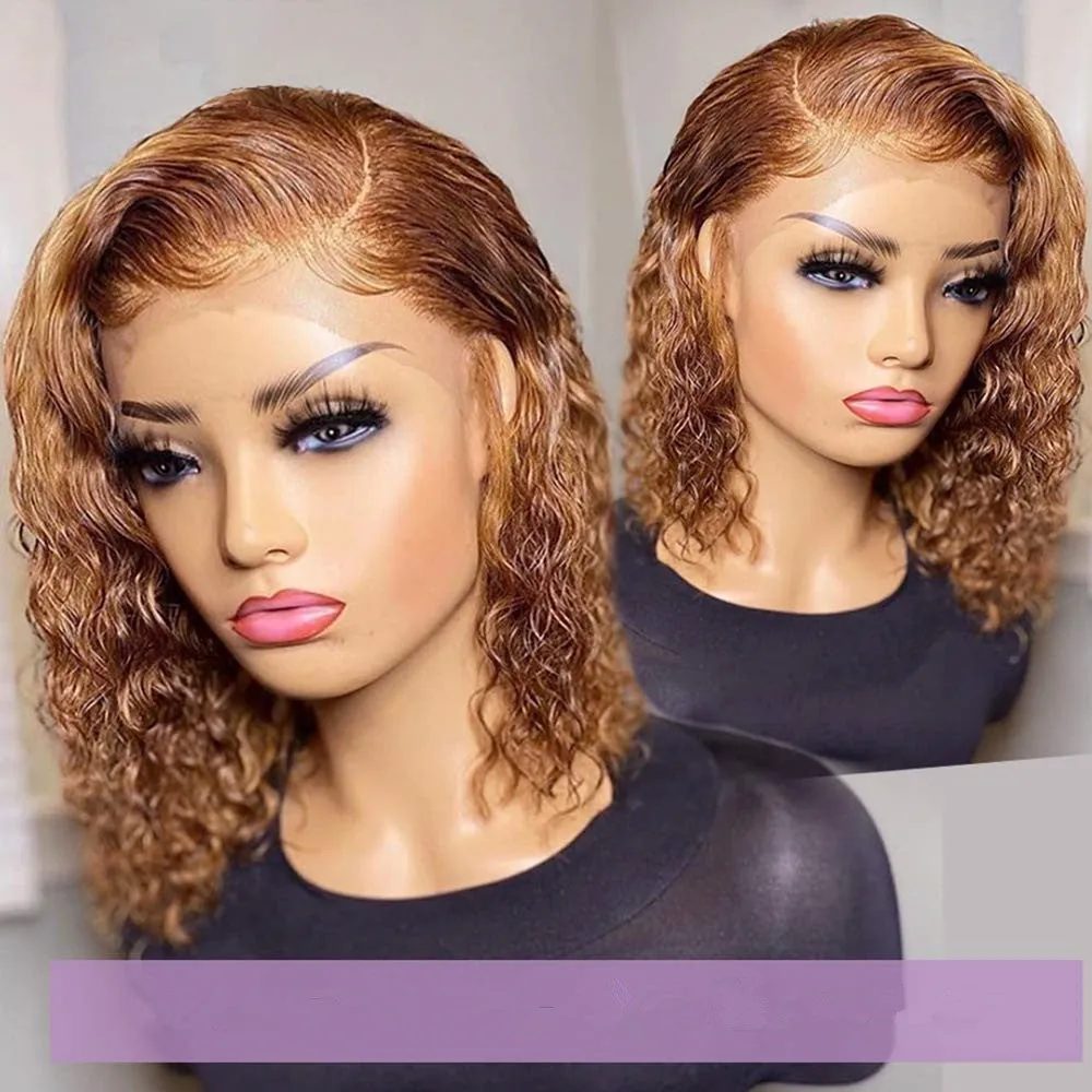 Short curly honey blonde bob wig lace front for women light brown