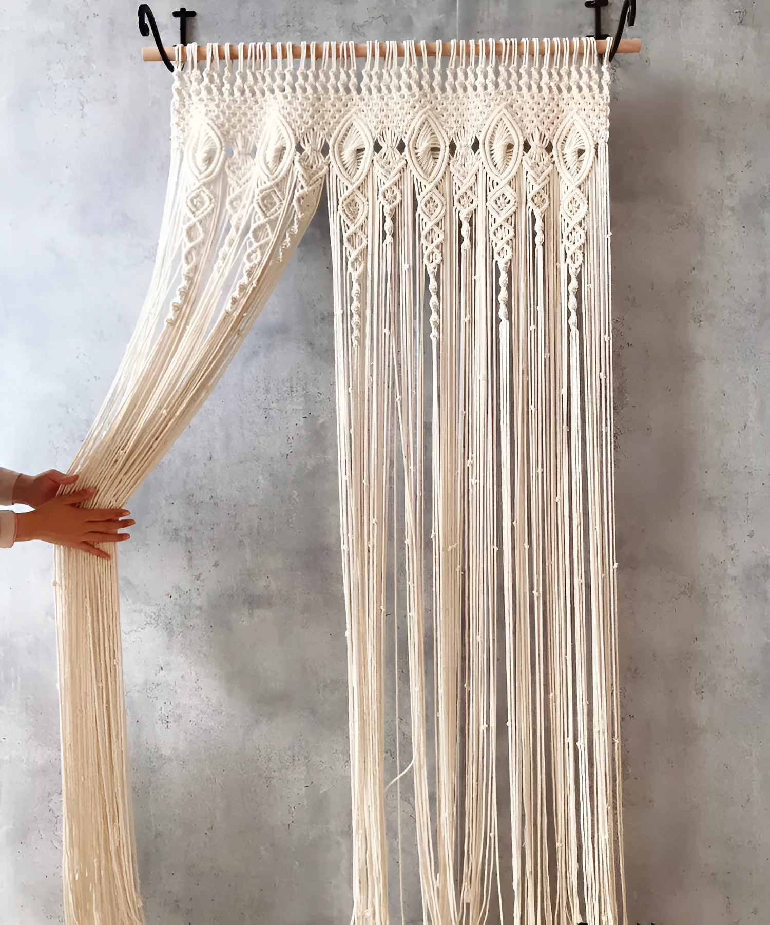 Perforated Nordic woven tassel partition curtain in white for doorway light shading