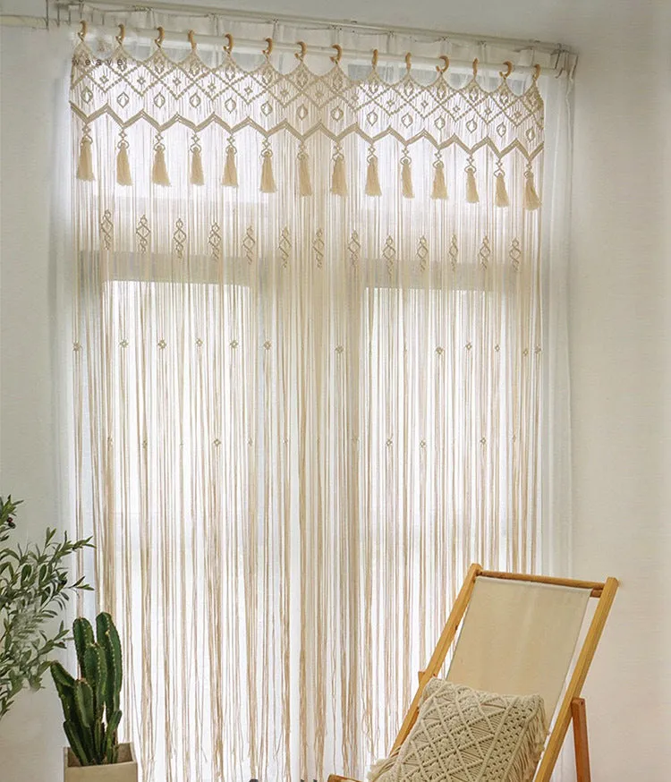 Perforated Nordic woven tassel partition curtain in white for doorway light shading