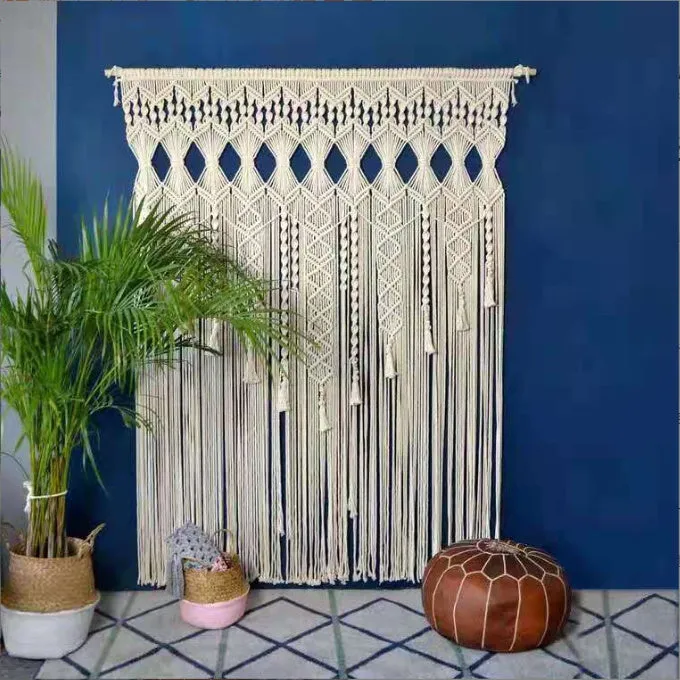 Perforated Nordic woven tassel partition curtain in white for doorway light shading