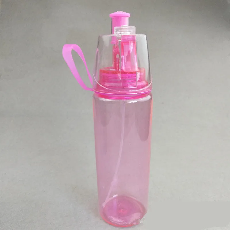 600ml sports cycling mist spray water bottle in pink with spray button, heat resistant and waterproof design