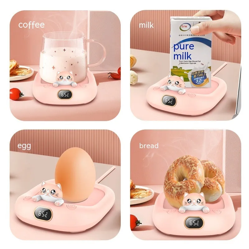Pet cup warming holder in pink ABS and electroplated metal with a cup sitting on top