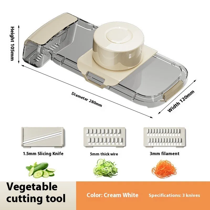 Transparent 2in1 multifunctional vegetable cutter with five blades and draining basket on countertop