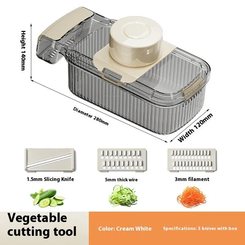 Transparent 2in1 multifunctional vegetable cutter with five blades and draining basket on countertop