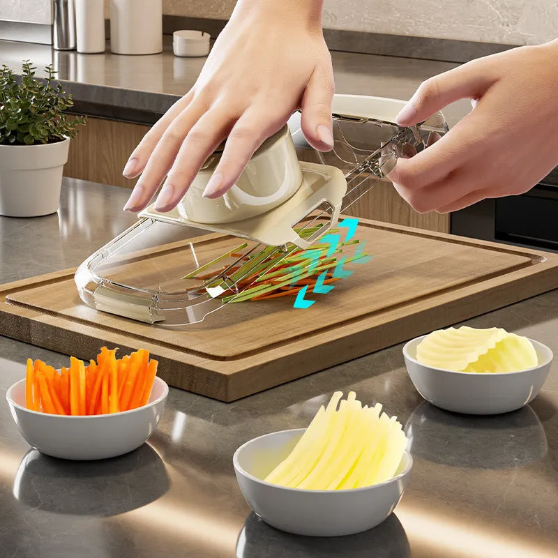 Transparent 2in1 multifunctional vegetable cutter with five blades and draining basket on countertop