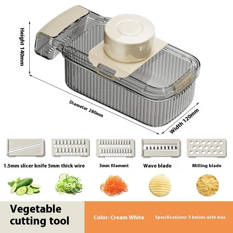 Transparent 2in1 multifunctional vegetable cutter with five blades and draining basket on countertop
