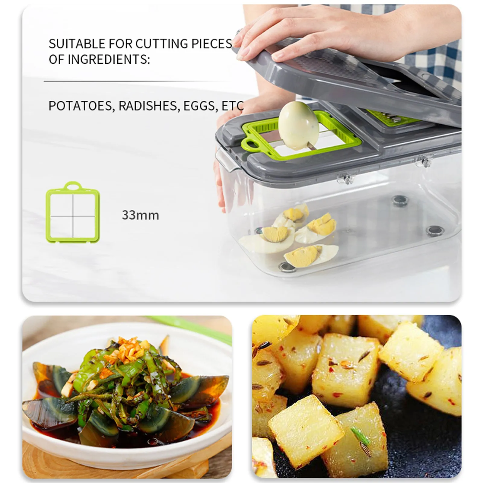 Grey multifunctional vegetable cutter with stainless steel blades, foldable compartments, and a large container on a kitchen counter