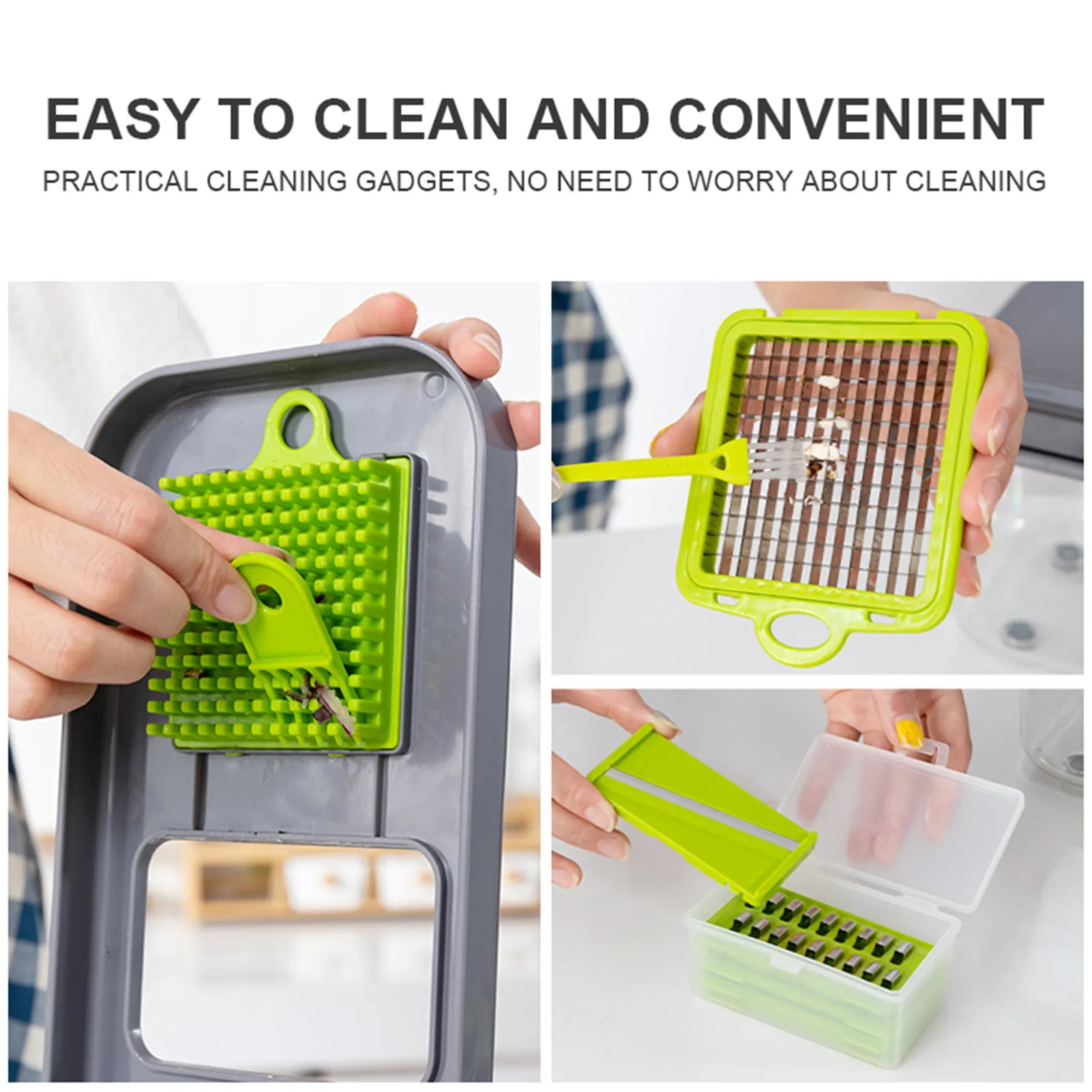 Grey multifunctional vegetable cutter with stainless steel blades, foldable compartments, and a large container on a kitchen counter