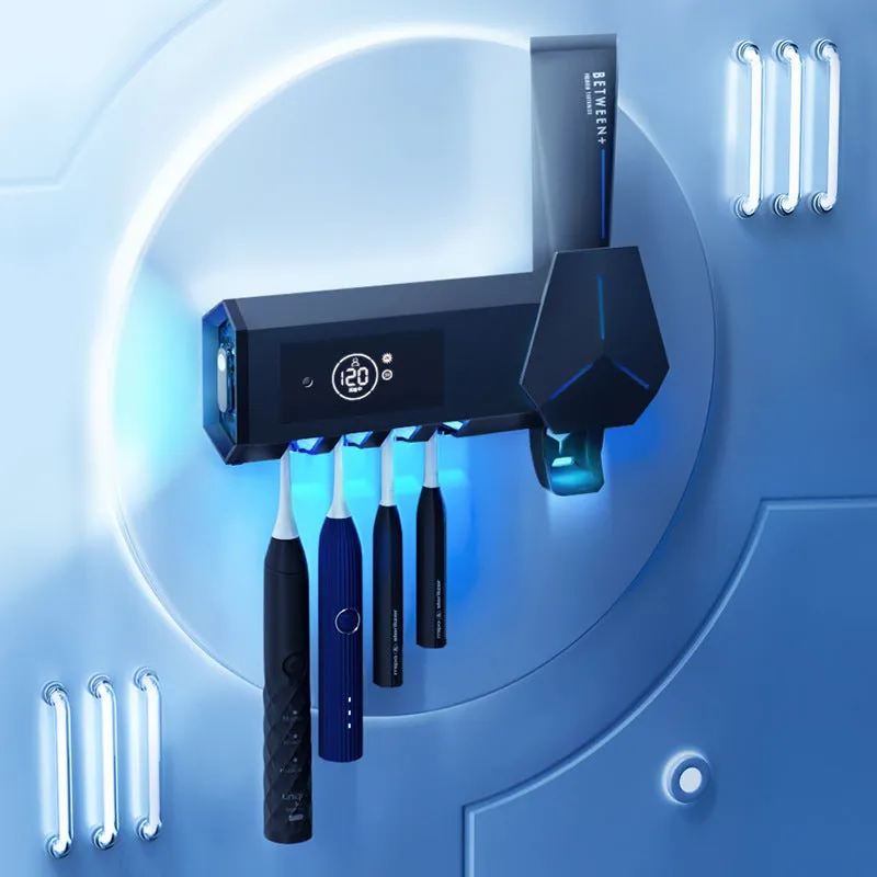 White smart toothbrush steriliser with UV light, wall-mounted on bathroom tile with suction fitting