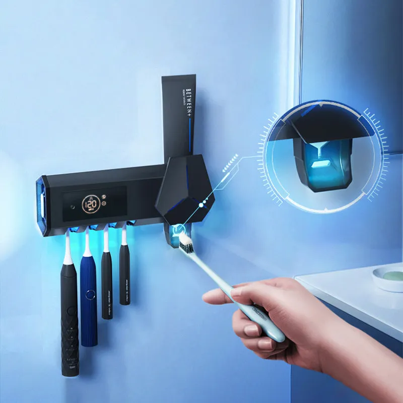 White smart toothbrush steriliser with UV light, wall-mounted on bathroom tile with suction fitting