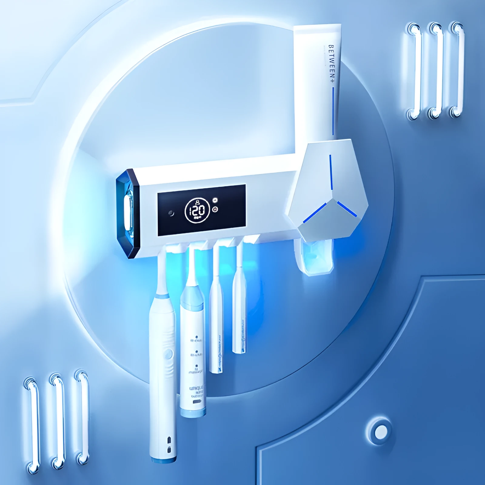 White smart toothbrush steriliser with UV light, wall-mounted on bathroom tile with suction fitting