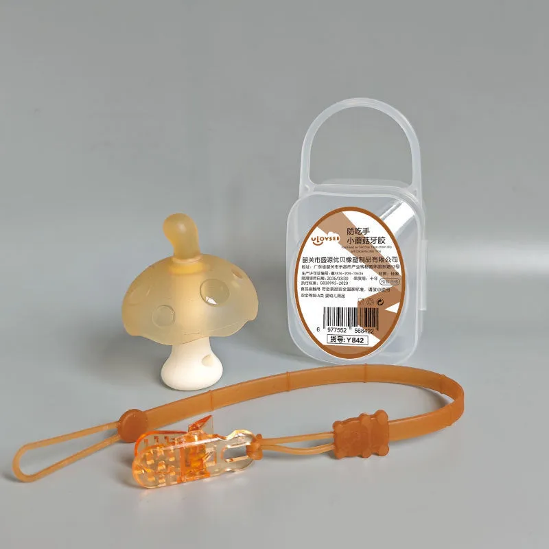 Small pink and nano-coloured mushroom-shaped latex gum with transparent box and chain.