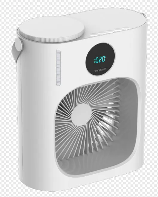 White USB refrigeration air conditioner front view showing screen display and button controls