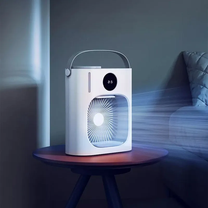 White USB refrigeration air conditioner front view showing screen display and button controls